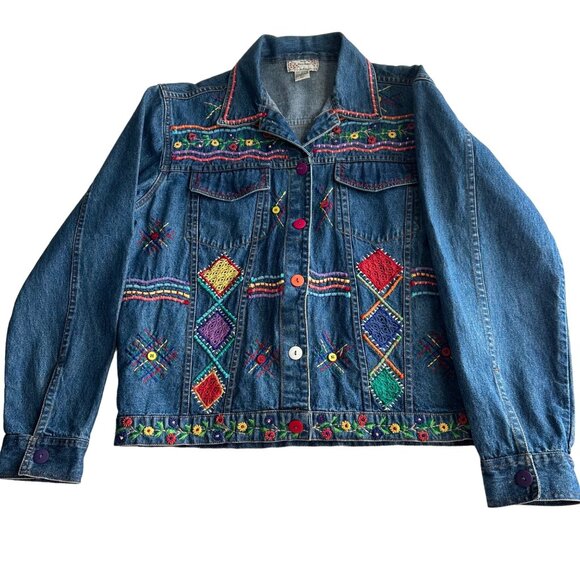 new directions Jackets & Blazers - Vintage New Directions Women’s L Embroidered Denim Jacket Boho 90s